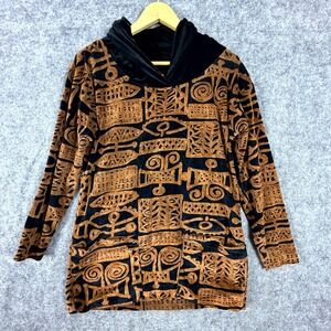 Chacok Velvet Tunic Sweater Womens M/L Black Brown Vintage 90s Artsy Cowl Neck